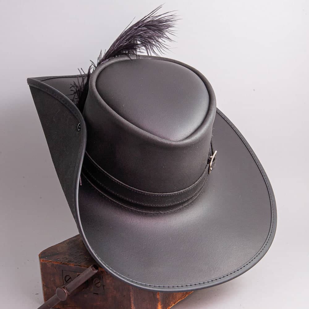 Cavalier | Mens Black Renaissance Fair Leather Hat with Feather