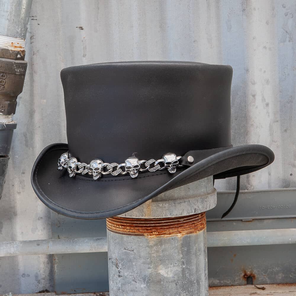 El Dorado 5 Skull | Mens Black Leather Top Hat with 5 Skull Hat Band