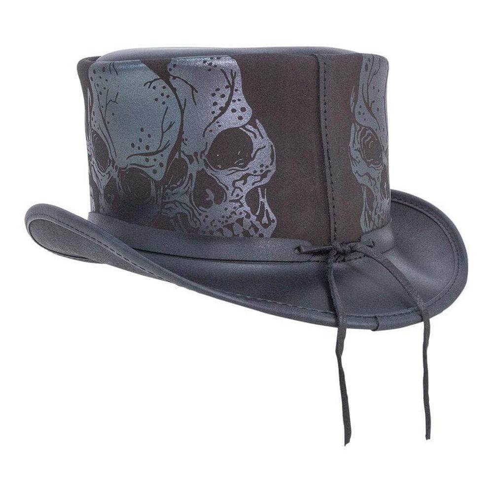Silver Skull | Mens Black Leather Top Hat with Skull Hat Band