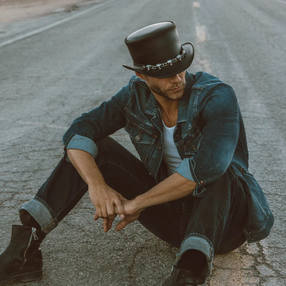 El Dorado 5 Skull | Mens Black Leather Top Hat with 5 Skull Hat Band