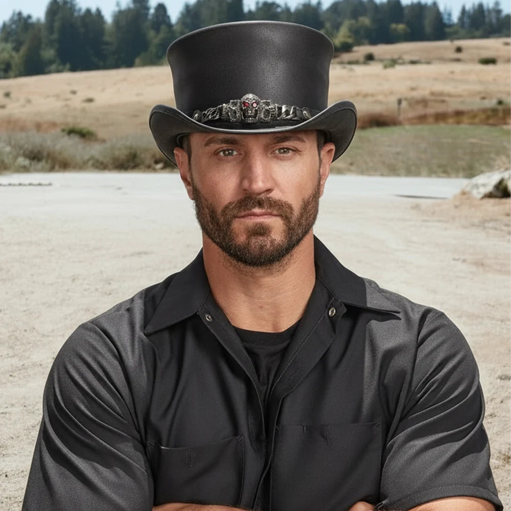 El Dorado Red Eye | Mens Black Leather Top Hat with Red Eye Skull Hat Band