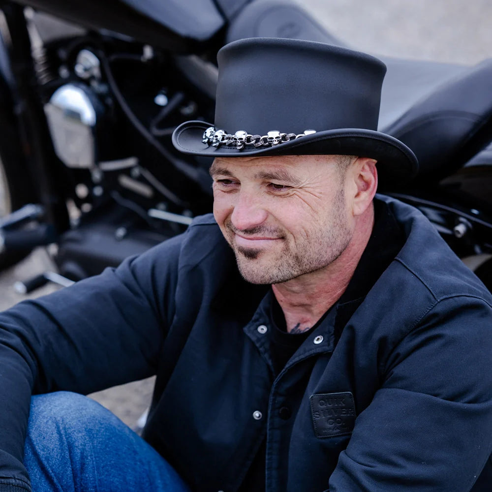 El Dorado 5 Skull | Mens Black Leather Top Hat with 5 Skull Hat Band
