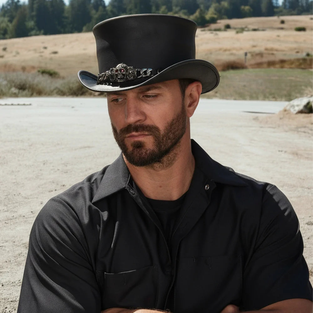 El Dorado Red Eye | Mens Black Leather Top Hat with Red Eye Skull Hat Band