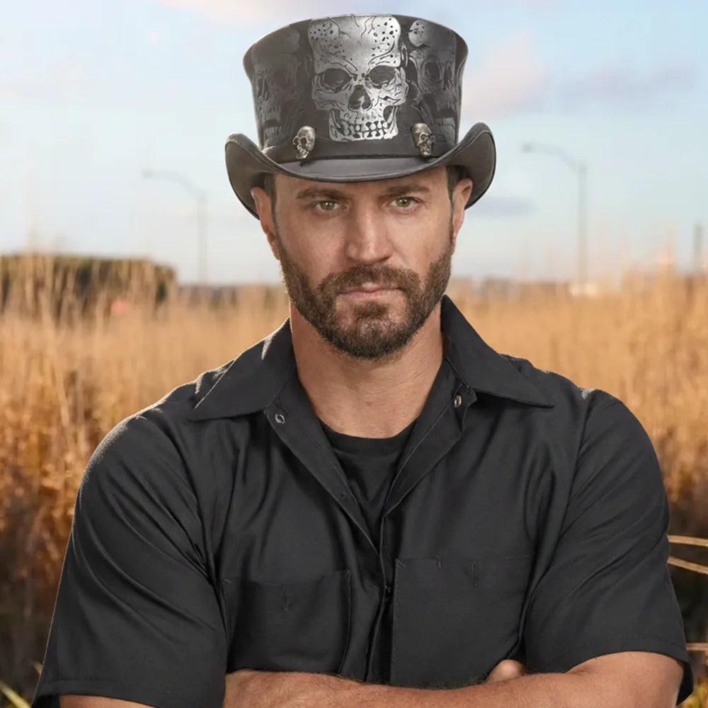 Silver Skull | Mens Black Leather Top Hat with Skull Hat Band