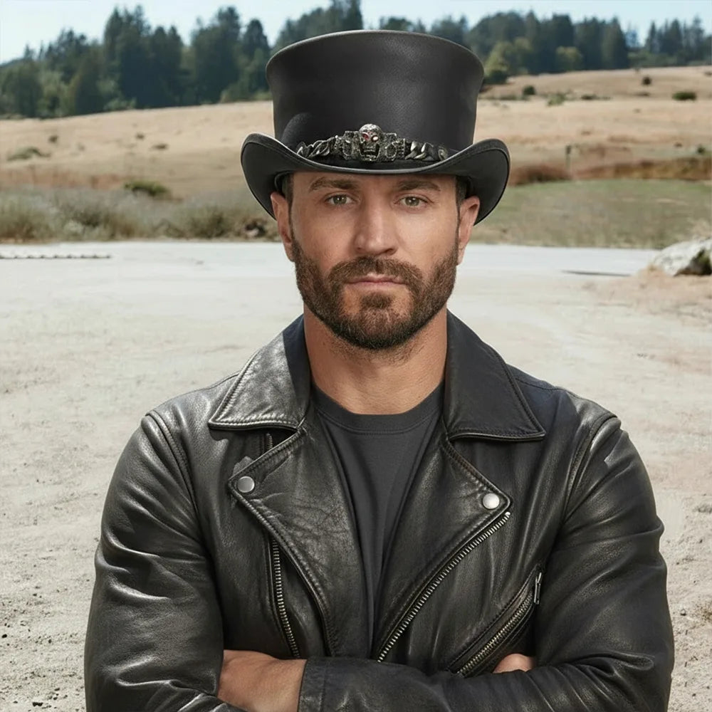 El Dorado Red Eye | Mens Black Leather Top Hat with Red Eye Skull Hat Band