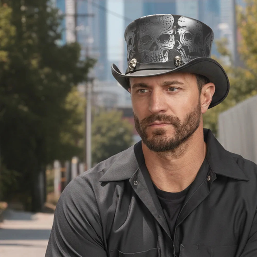 Silver Skull | Mens Black Leather Top Hat with Skull Hat Band