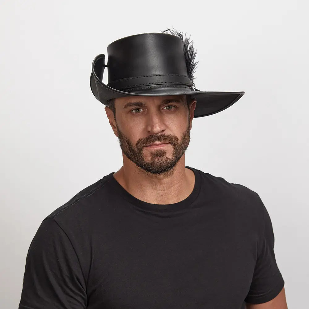 Cavalier | Mens Black Renaissance Fair Leather Hat with Feather