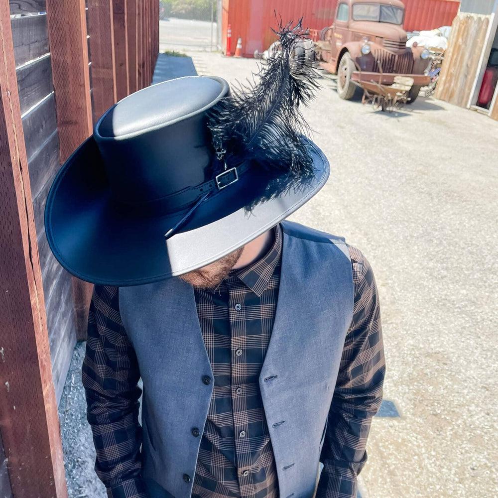Cavalier | Mens Black Renaissance Fair Leather Hat with Feather