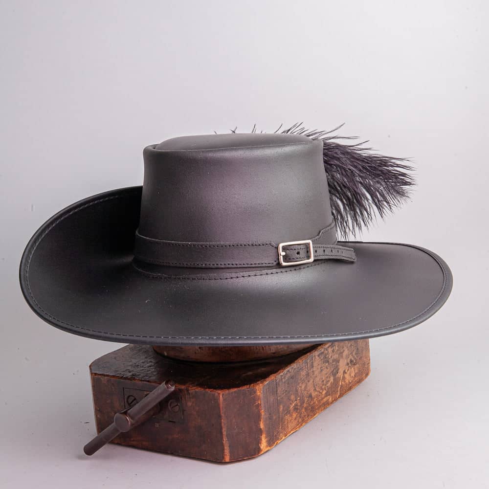 Cavalier | Mens Black Renaissance Fair Leather Hat with Feather