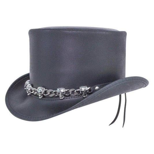 El Dorado 5 Skull | Mens Black Leather Top Hat with 5 Skull Hat Band