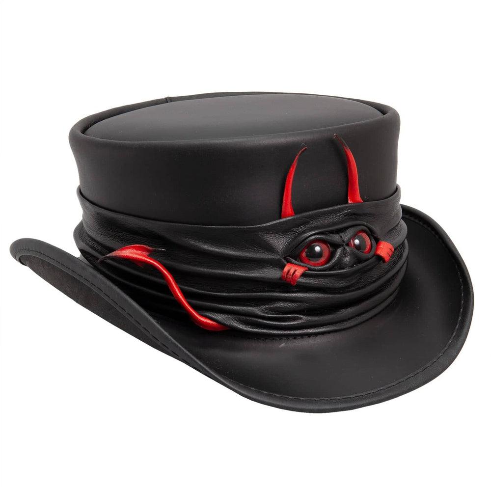 Marlow | Womens Black Leather Top Hat with Lil Evil Hat Band
