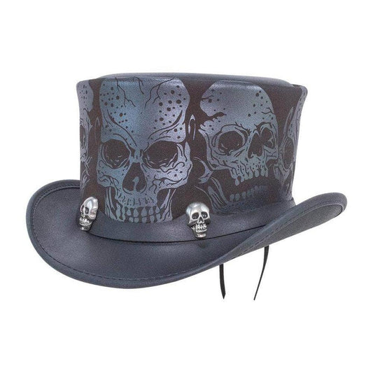 Silver Skull | Mens Black Leather Top Hat with Skull Hat Band