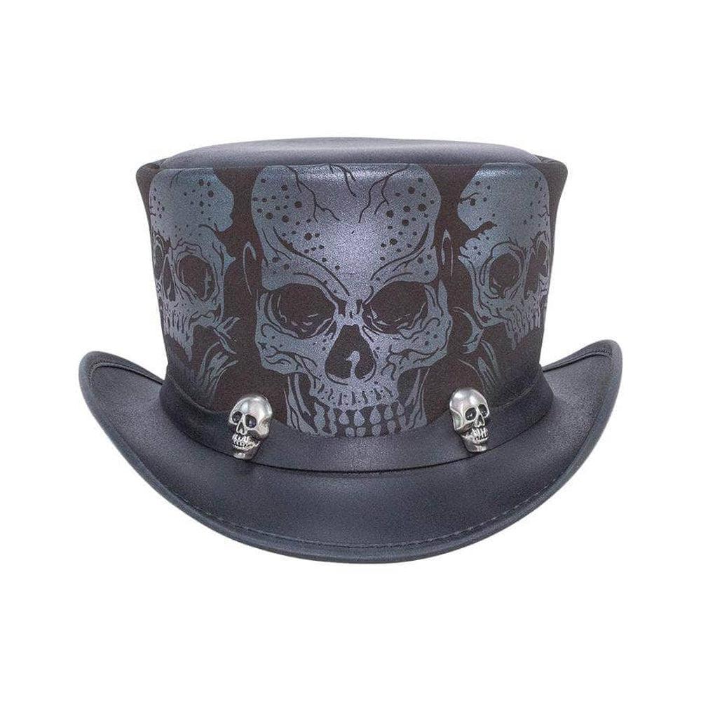 Silver Skull | Mens Black Leather Top Hat with Skull Hat Band