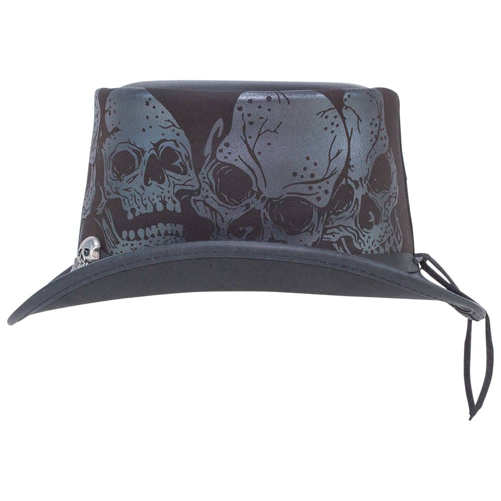 Silver Skull | Mens Black Leather Top Hat with Skull Hat Band